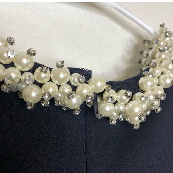 BETSEY JOHNSON Navy Cocktail Dress Crepe Pearl Diamond Collar Cap Sleeve - Picture 3 of 3